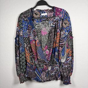 Parker Medium‎ Black Paisley Silk Blend Cross Front Long Sleeve Sheer Top